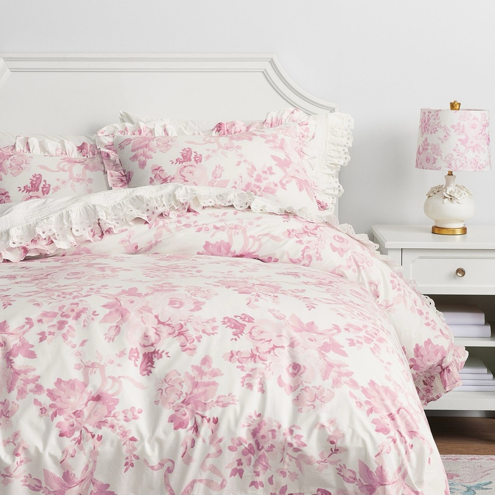 LoveShackFancy Pottery Barn Teen Damask Ruffle Duvet Cover and two shams
